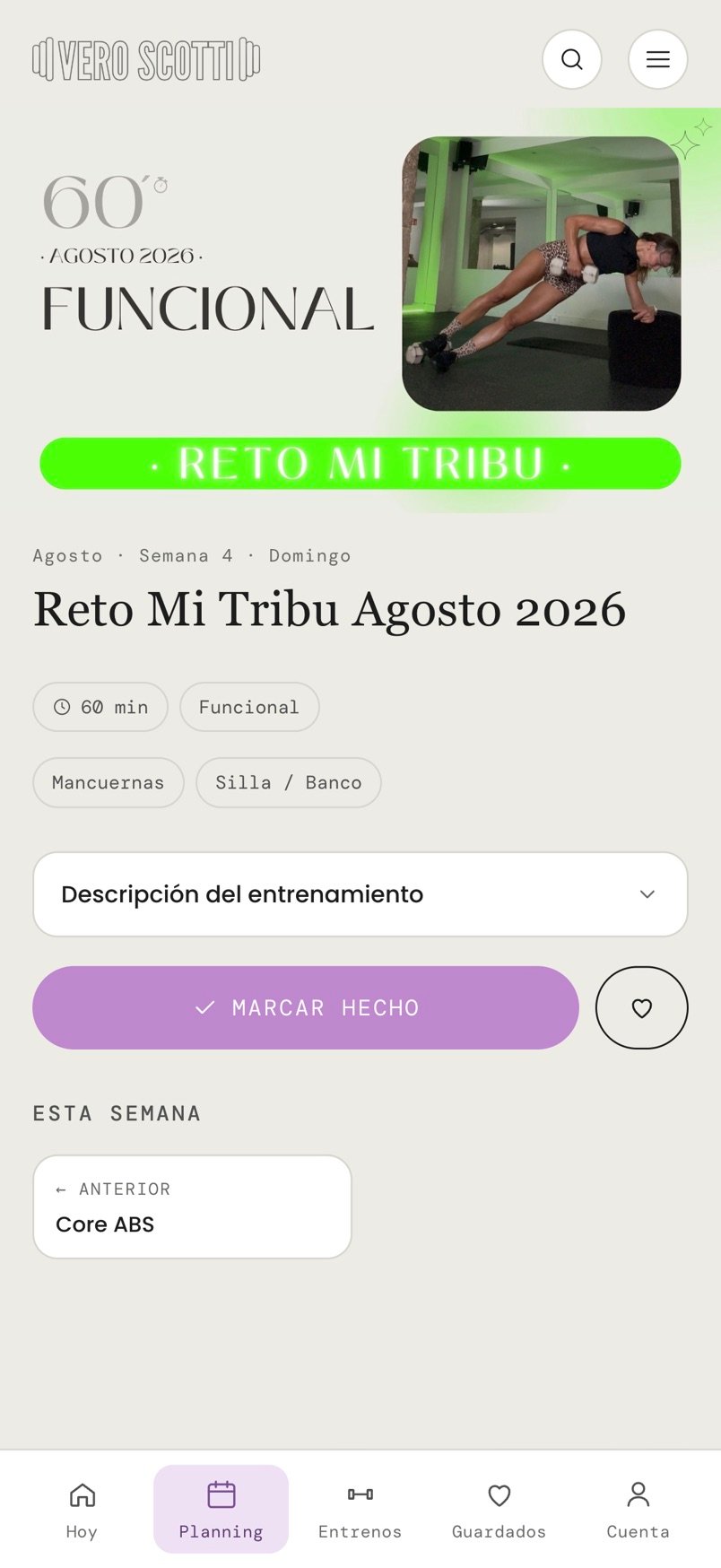 Pantalla de un entreno: vídeo, duración, material y botón de marcar hecho