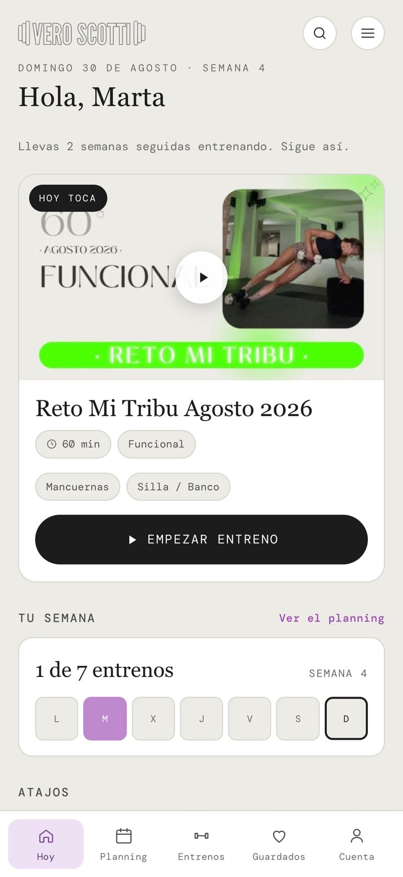 Pantalla de inicio del Club Mi Tribu: el entreno que toca hoy y el progreso de la semana